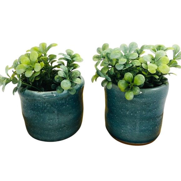 Set Of 2 Handmade Ceramic Planters Blue Glazed Finish Small Indoor Pots for Home - Picture 1 of 14